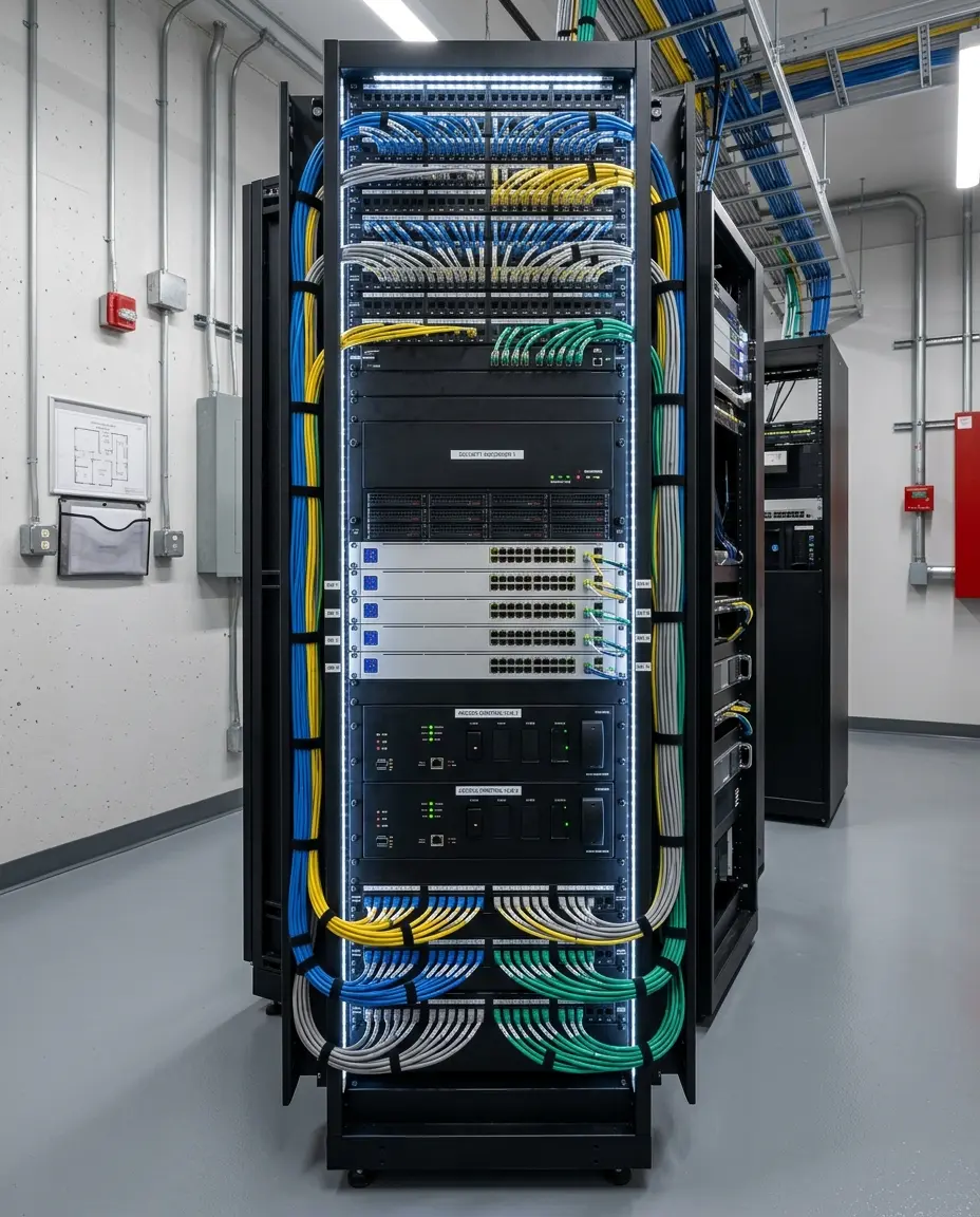 Completed commercial security system installation showing organized equipment room with labeled cabling and rack-mounted hardware