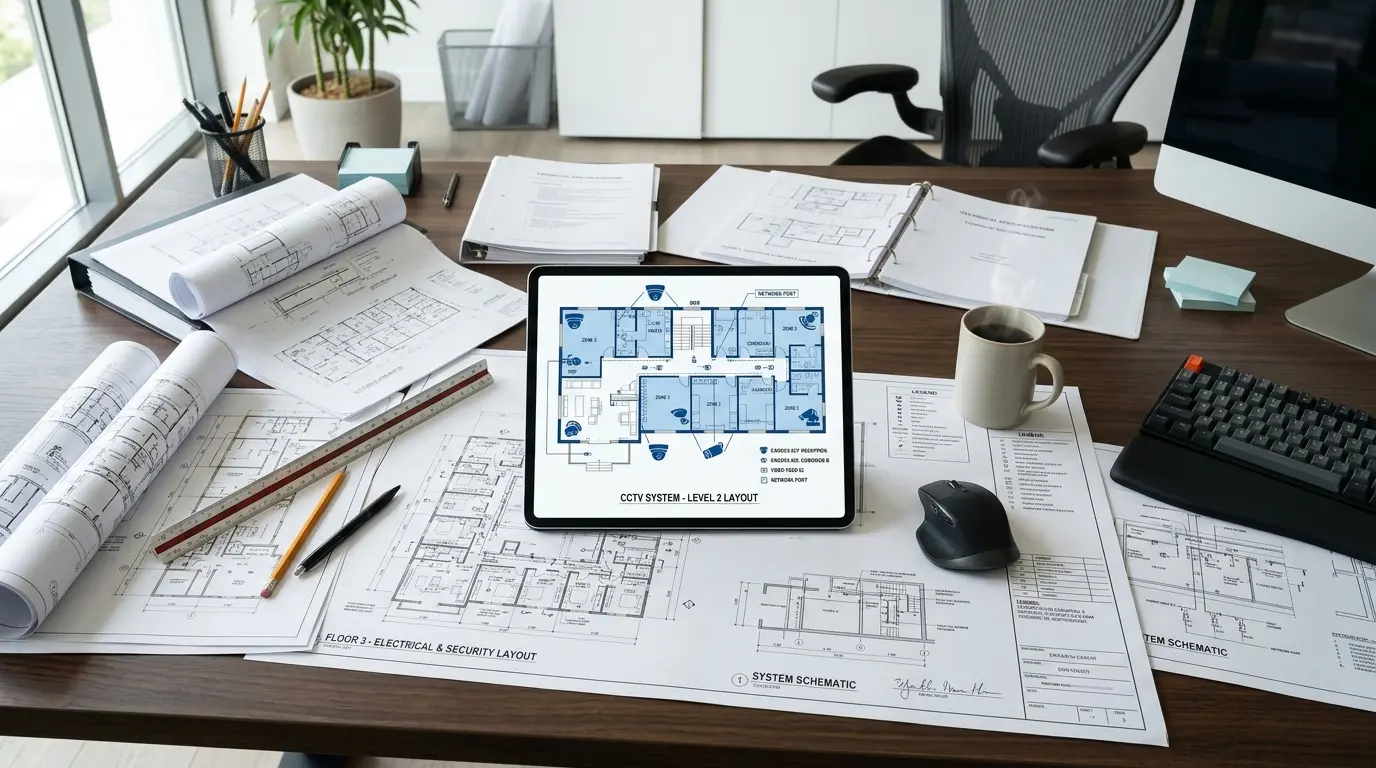 Commercial security system installation project planning with building blueprints and system design documentation