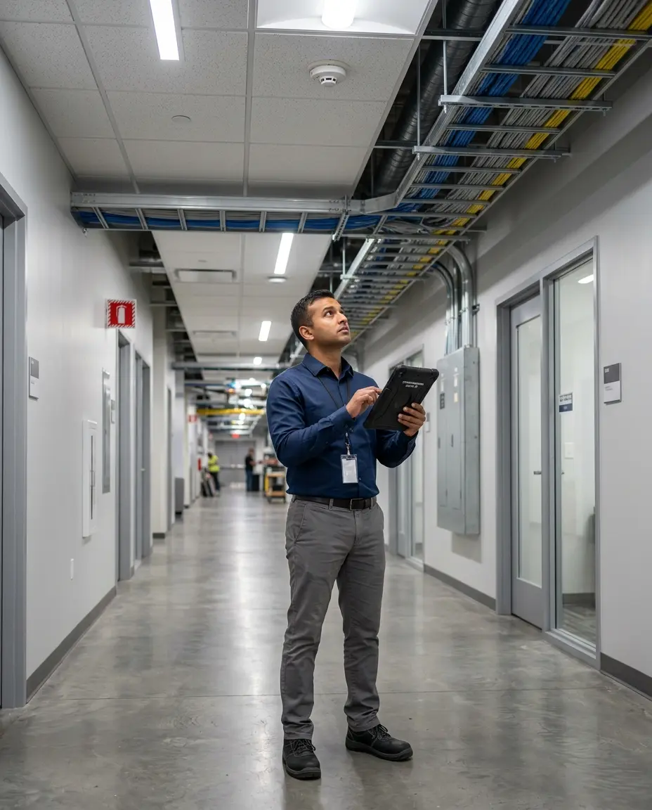 Security system installation technician conducting site assessment in commercial facility with tablet and floor plans