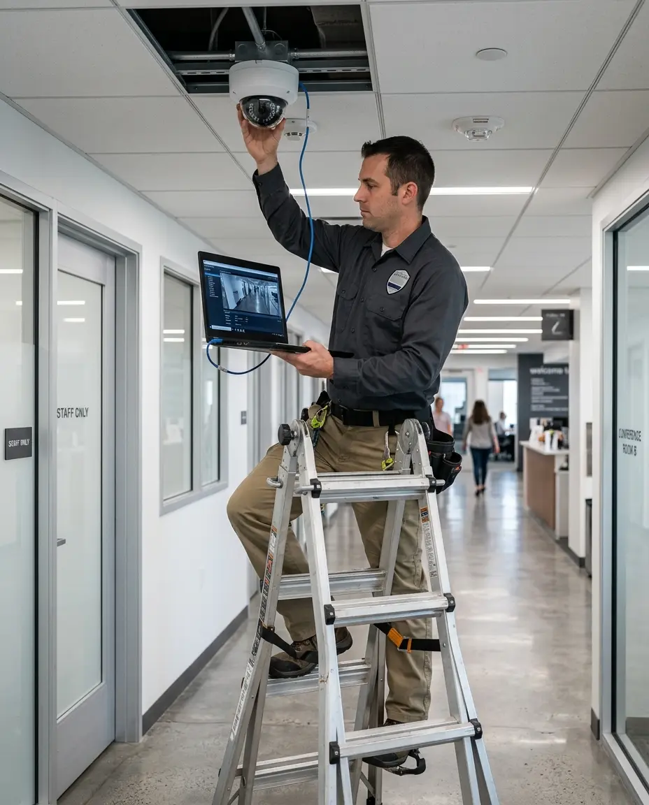 Security technician commissioning IP camera during commercial system installation with laptop for configuration