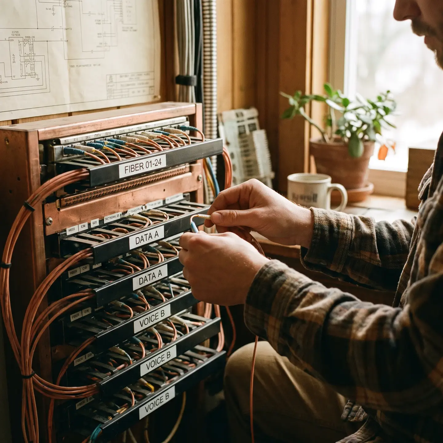 Technician patching cables