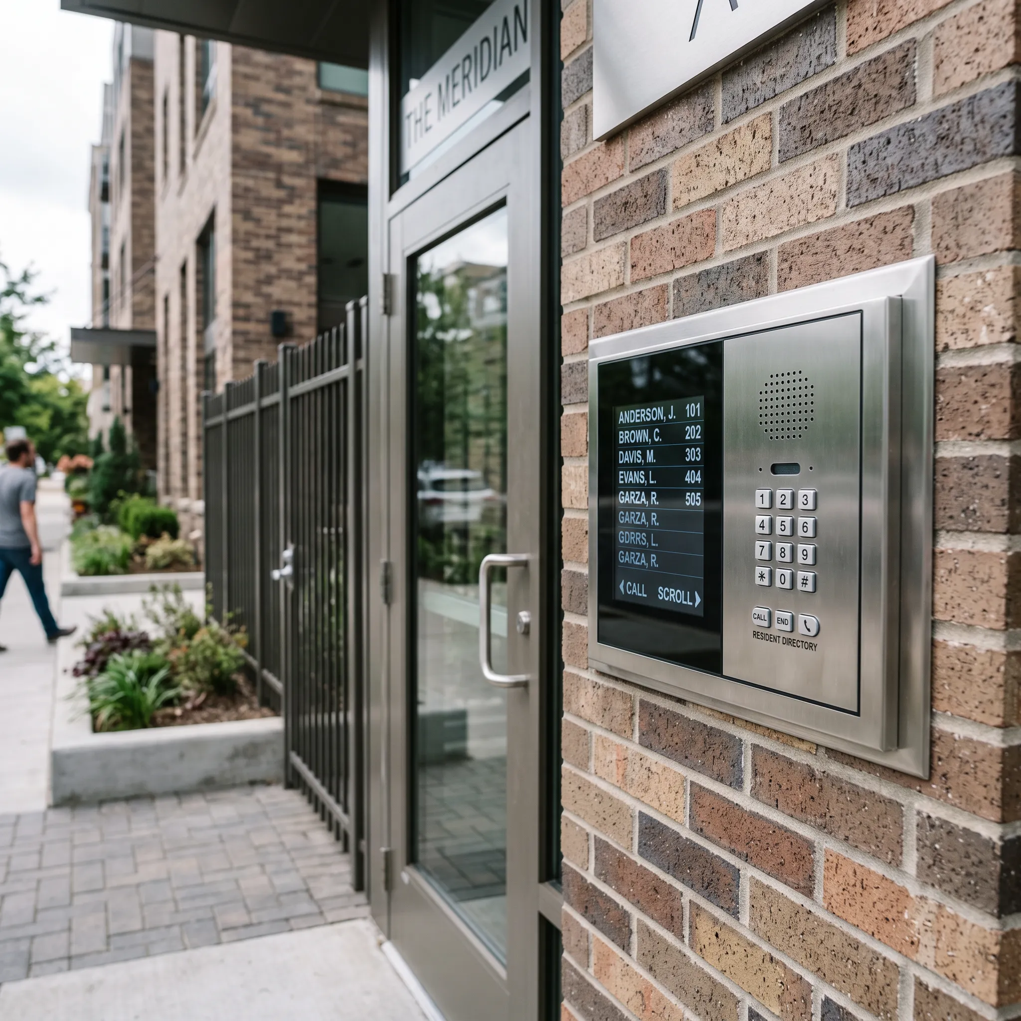 Commercial telephone entry panel with numeric keypad and tenant directory display mounted at building entrance