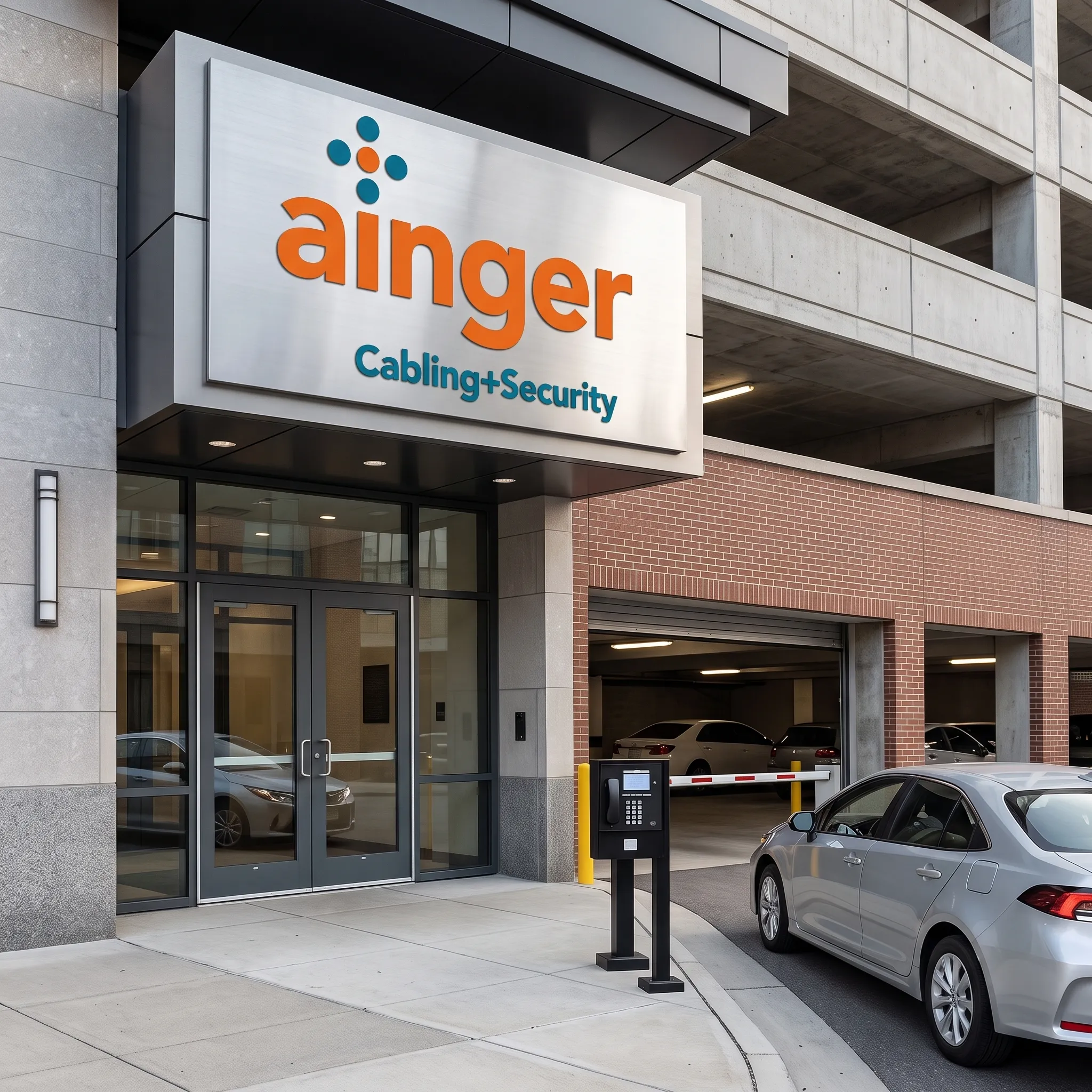 Telephone entry system installed at a parking garage entrance gate with vehicle approaching, commercial building in background