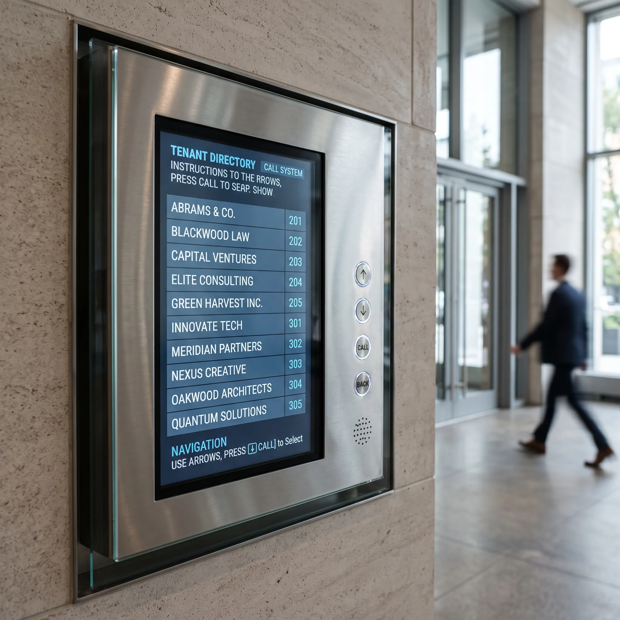 Close-up of a telephone entry system directory display showing tenant names and unit numbers in a multi-tenant commercial building