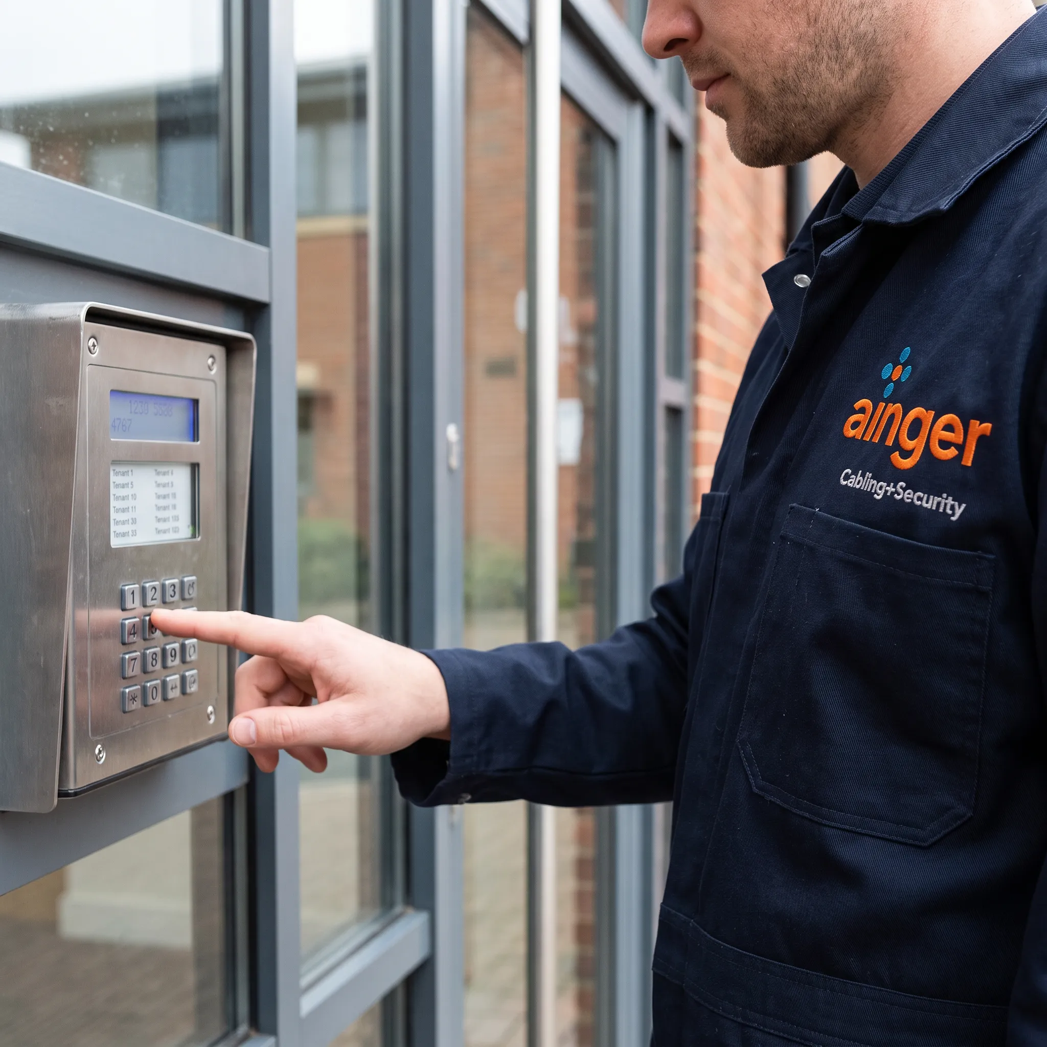 Person using a telephone entry system keypad at a commercial building entrance, pressing buttons to look up a tenant