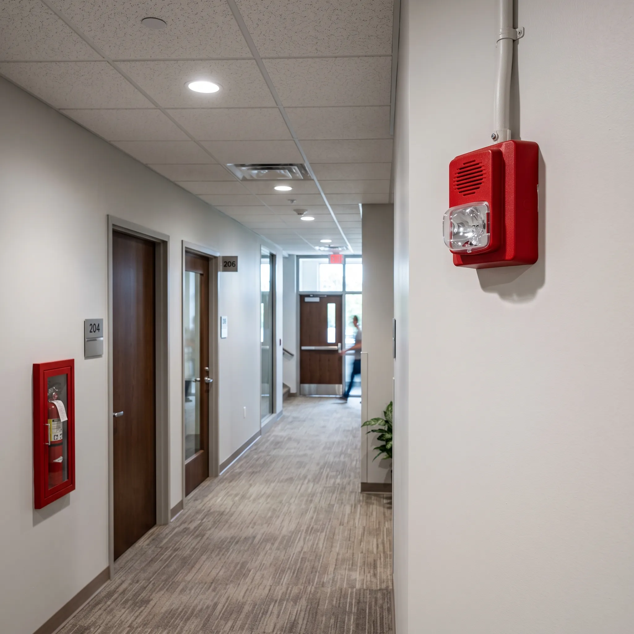 Commercial building corridor with fire alarm notification appliance strobe and horn mounted on wall