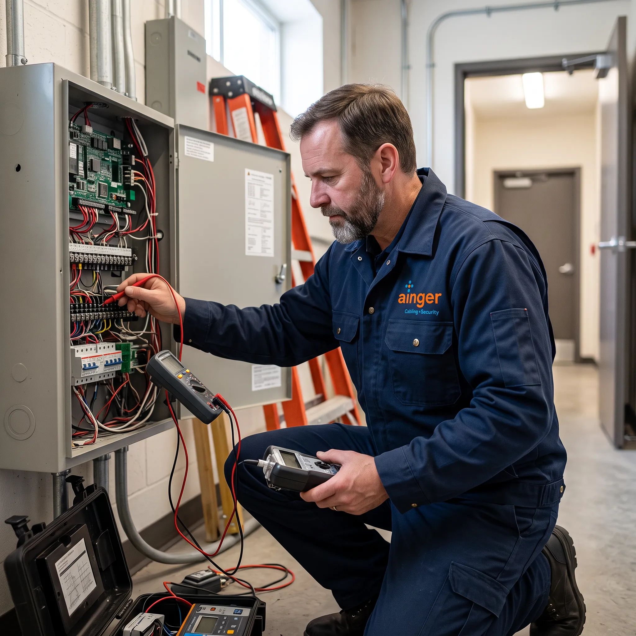 Fire alarm technician inspecting and testing commercial fire alarm panel with testing equipment