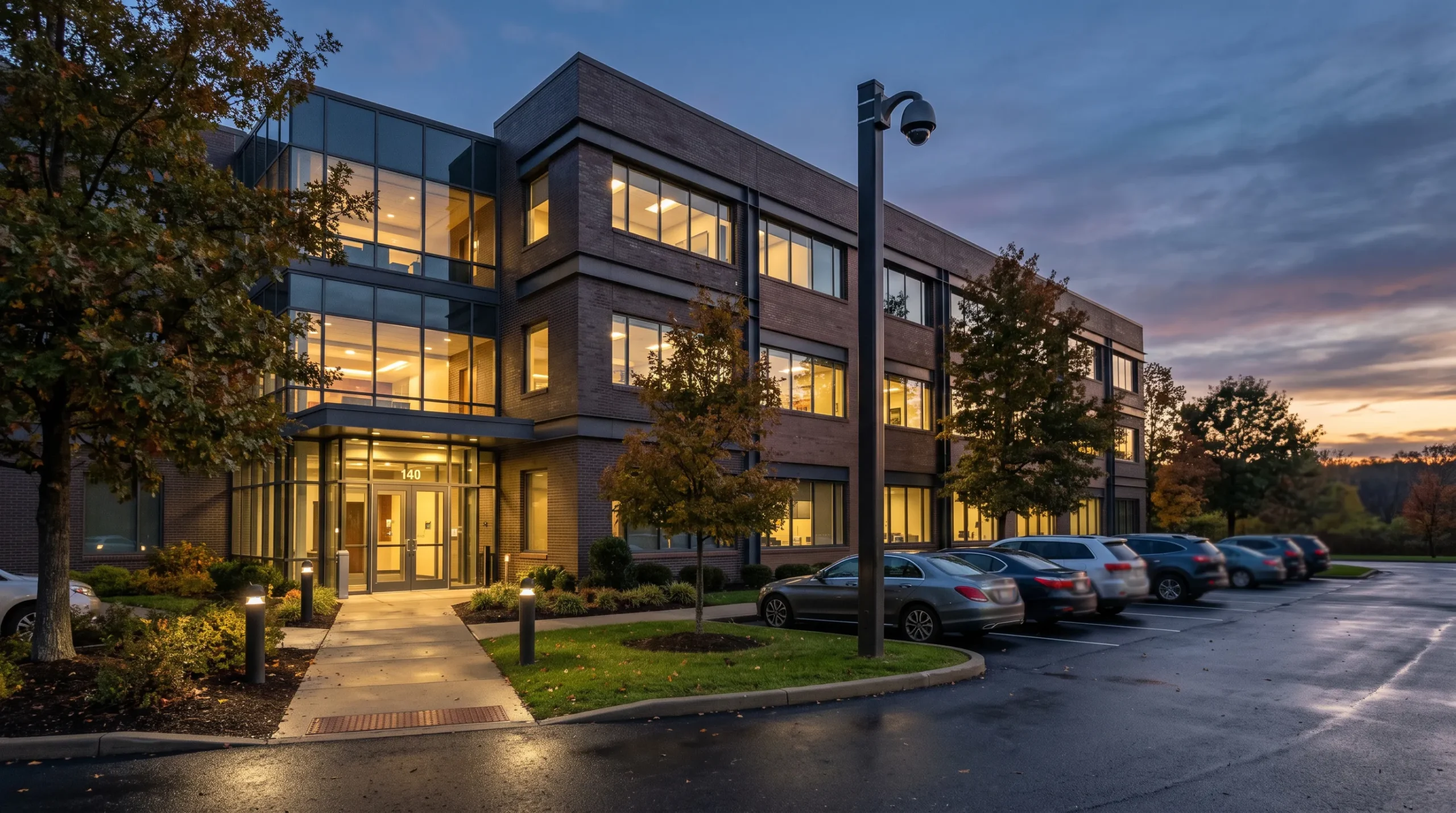 Commercial building exterior at dusk with a pole-mounted camera covering the entrance