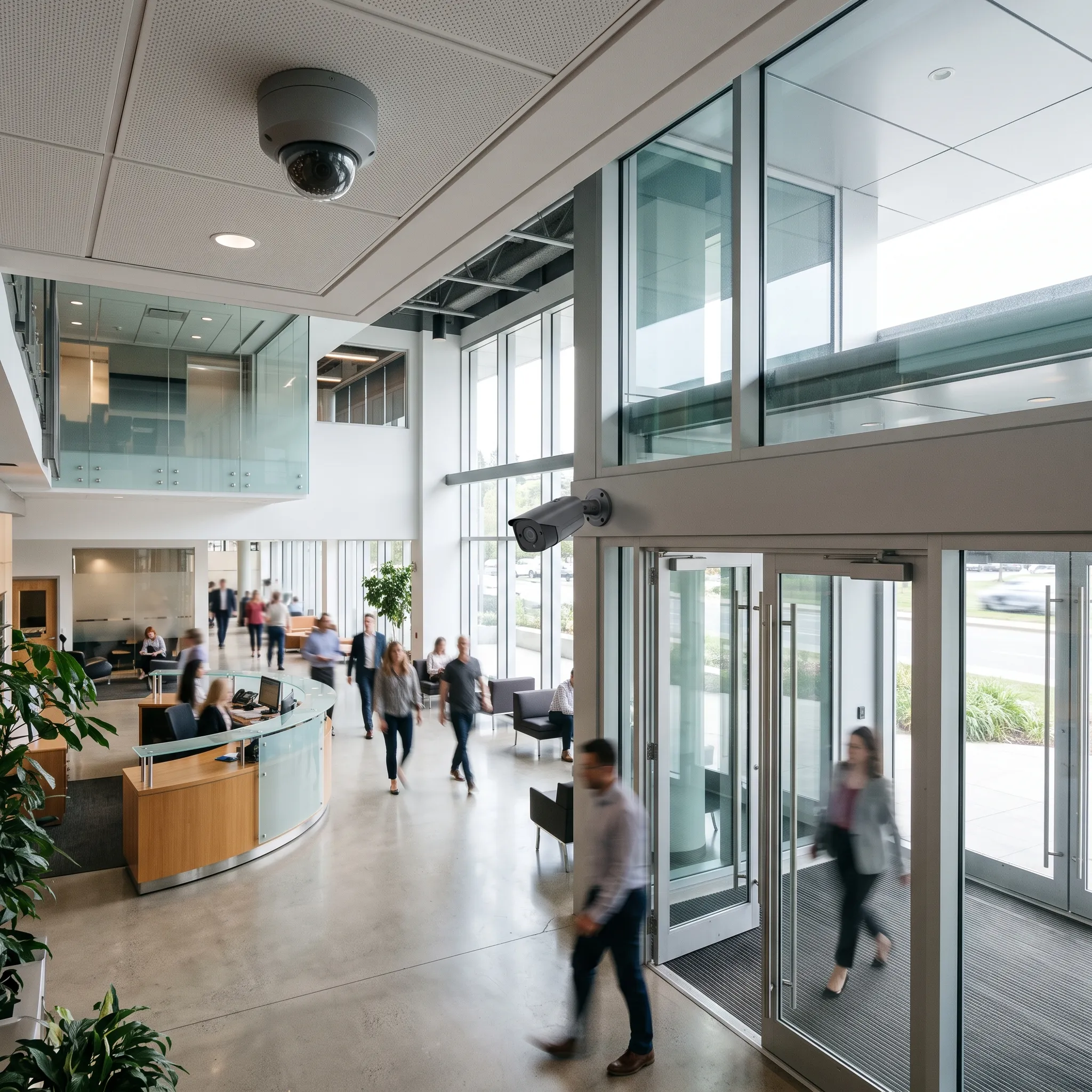 Commercial building interior with dome and bullet cameras providing designed coverage