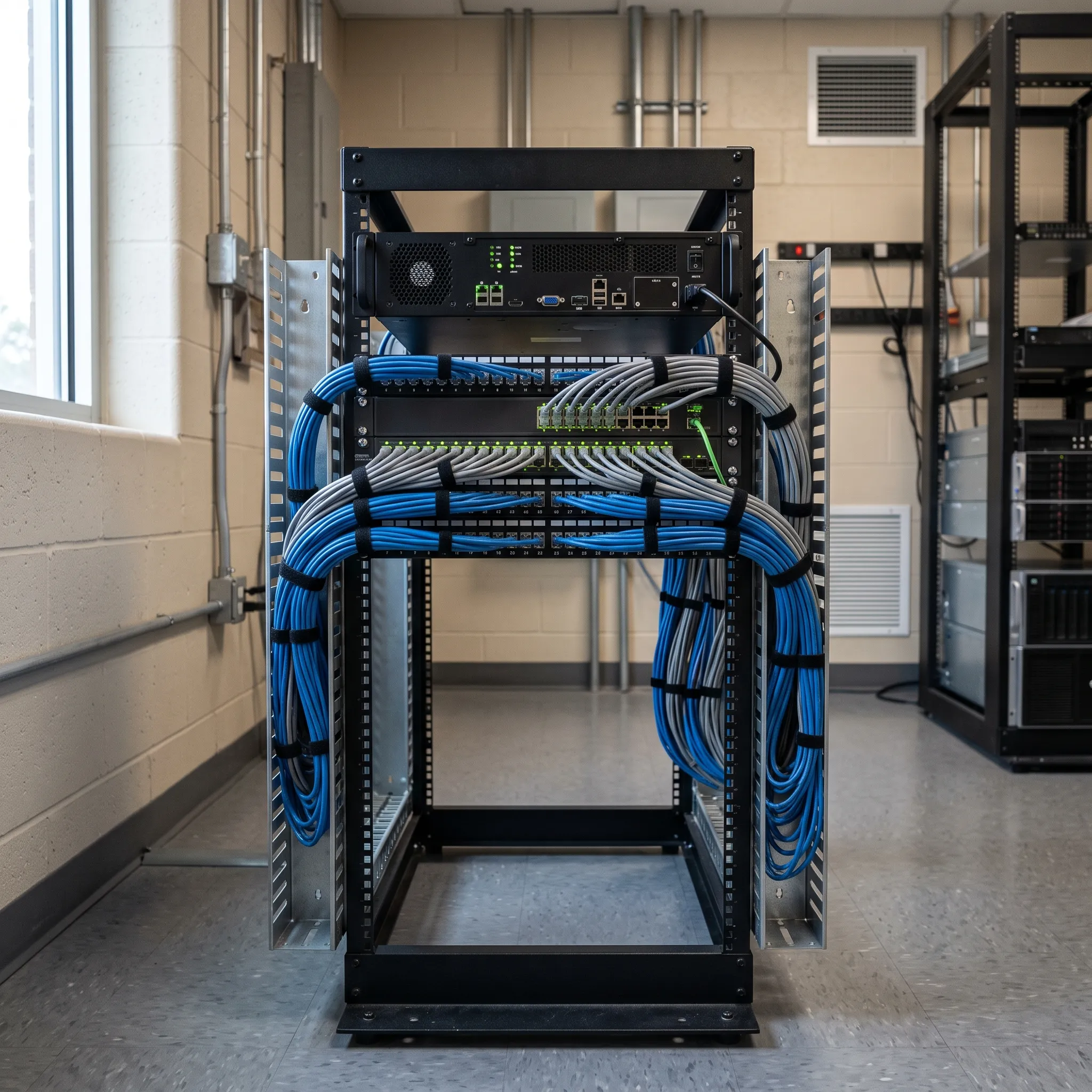 Rack-mounted network video recorder and PoE switch with managed Cat6 cabling