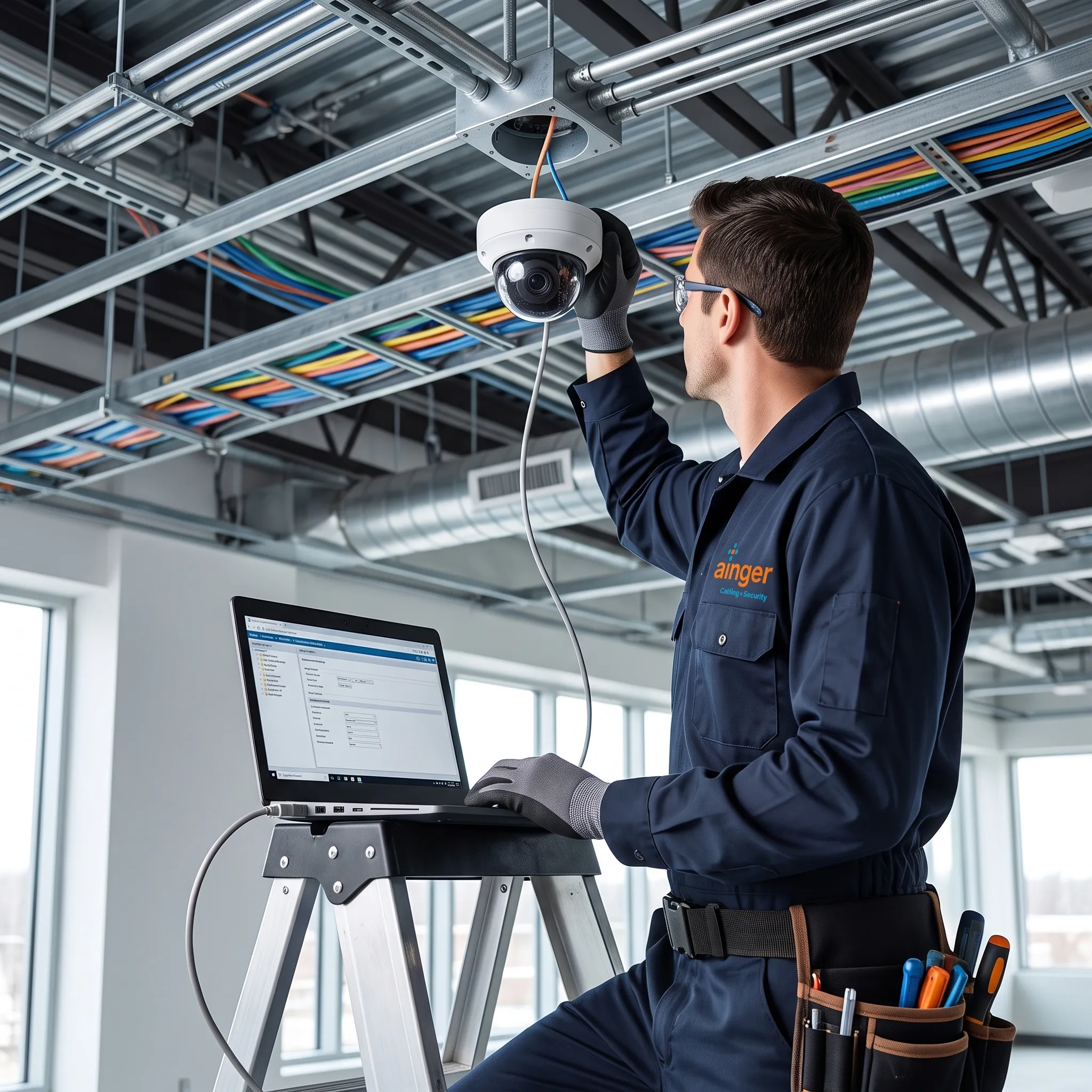 Technician commissioning a commercial dome camera with a laptop connected