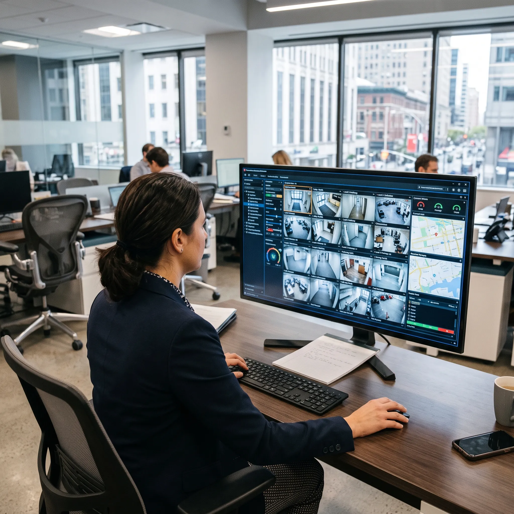 Facility manager reviewing a multi-camera video management dashboard