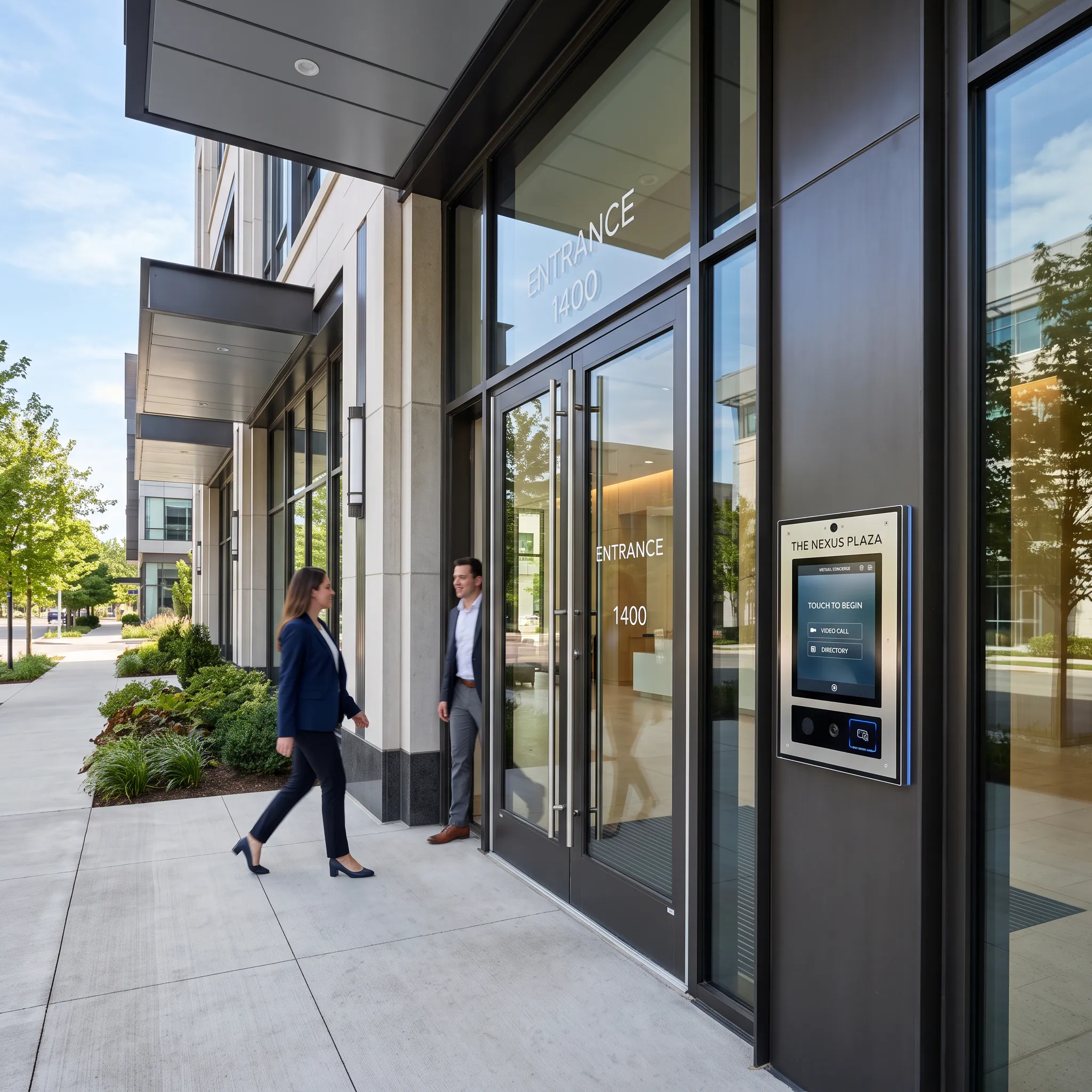 Commercial building entrance with integrated virtual concierge intercom and access control system
