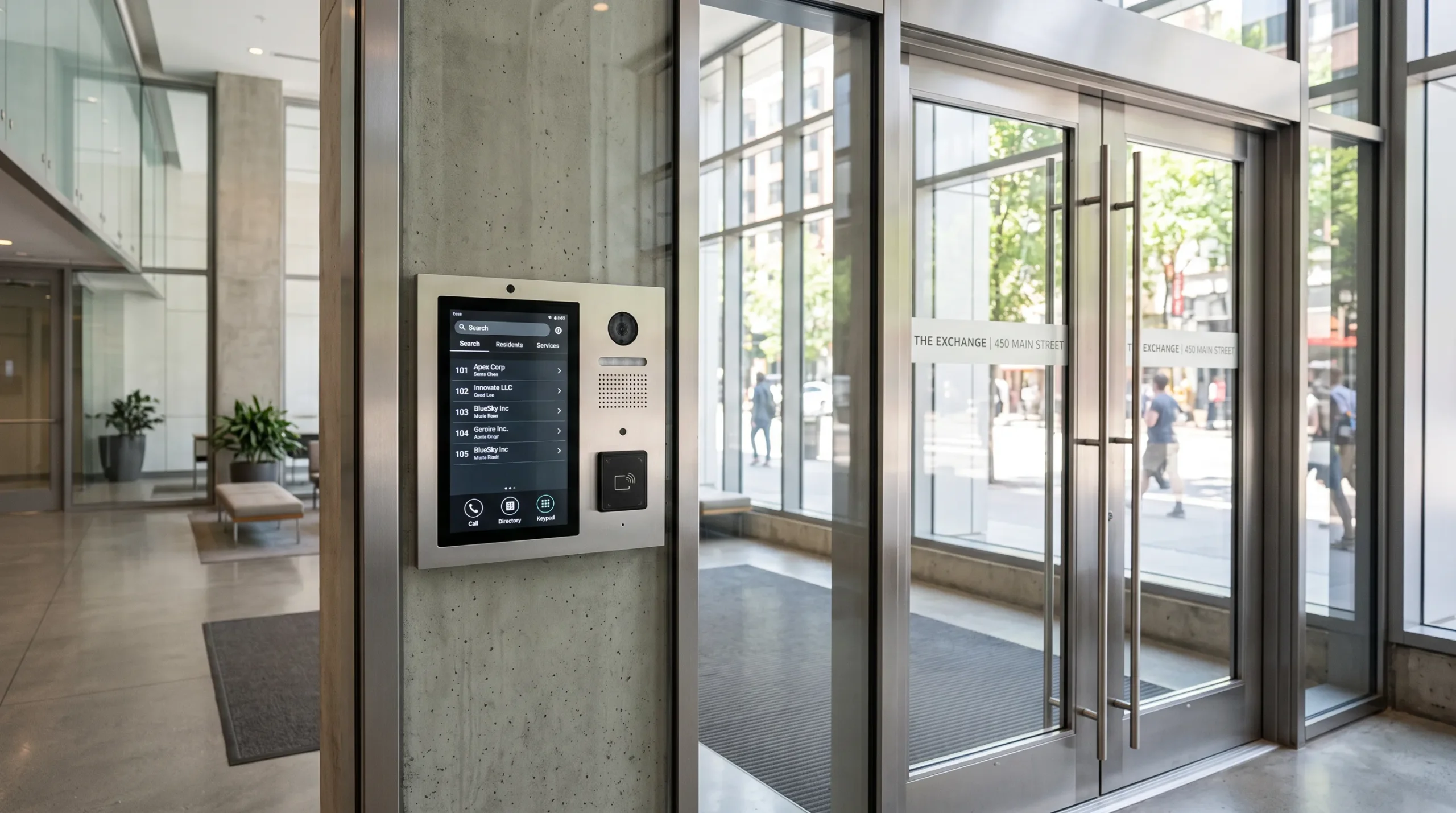 Virtual concierge video intercom panel installed in commercial building lobby with touchscreen directory