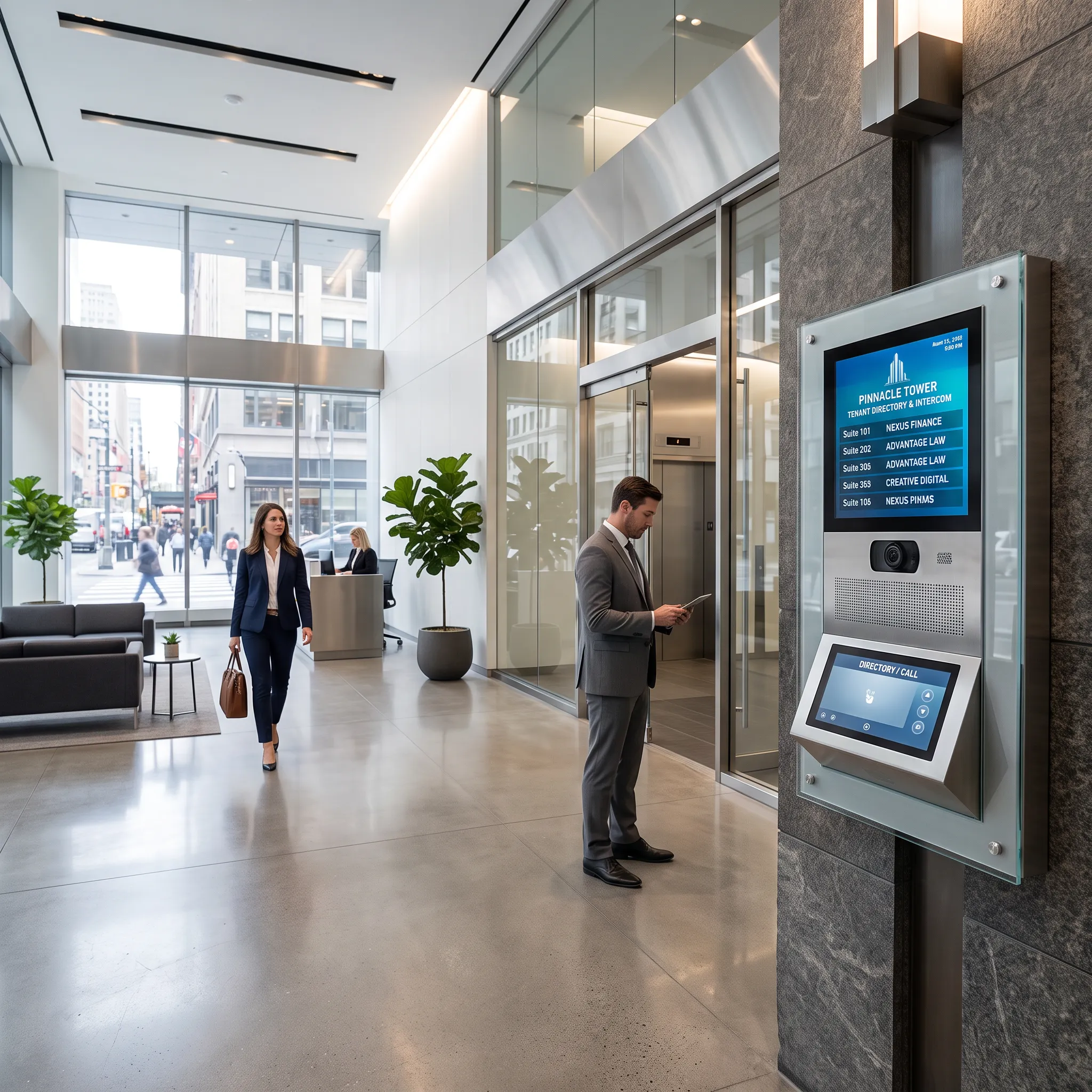Multi-tenant commercial building lobby with virtual concierge intercom station and tenant directory