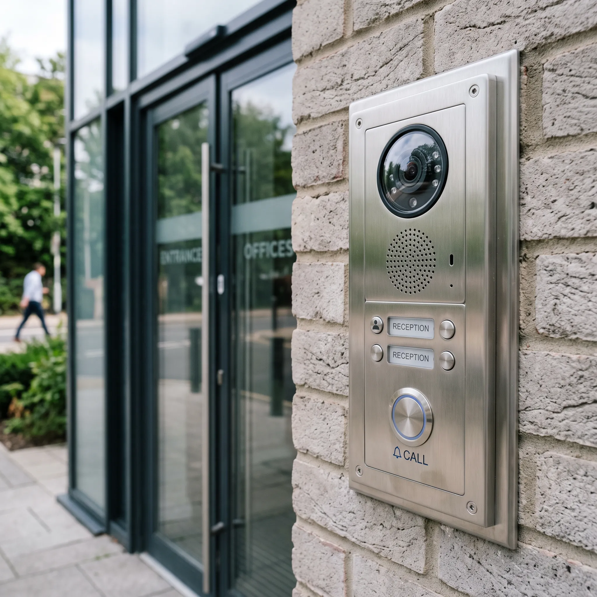 Virtual concierge video door station with camera and call button at commercial building entrance